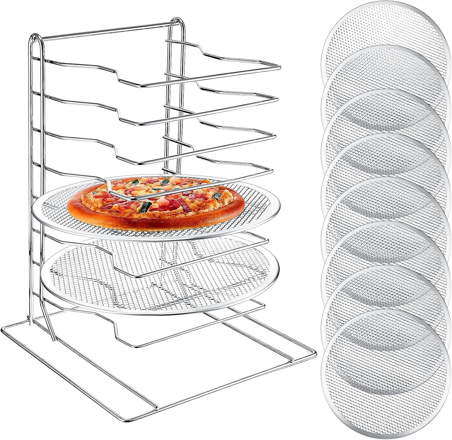 Kitchen Baking Products - ชั้นวางพิซซ่า 8 ชั้น พร้อมถาดอบอลูมิเนียม 8 ถาดที่มีรู