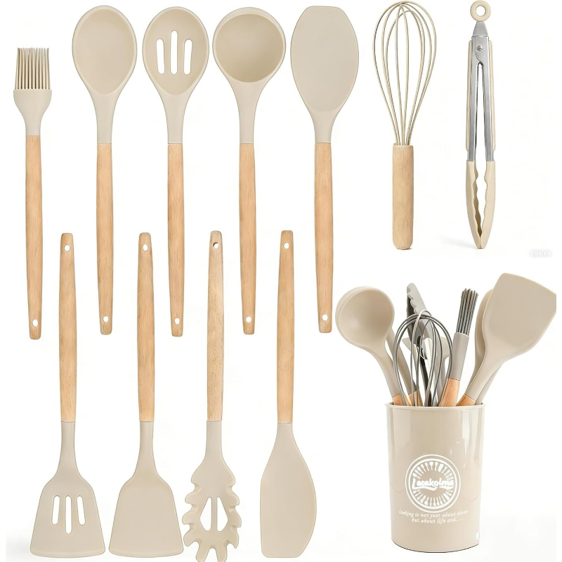 Kitchen Baking Utensil Set - ชุดอุปกรณ์ครัวซิลิโคนด้ามไม้ 14 ชิ้น ชุดเครื่องครัวแบบไม่ติดกระทะ พร้อมถังเก็บอุปกรณ์ทำครัว
